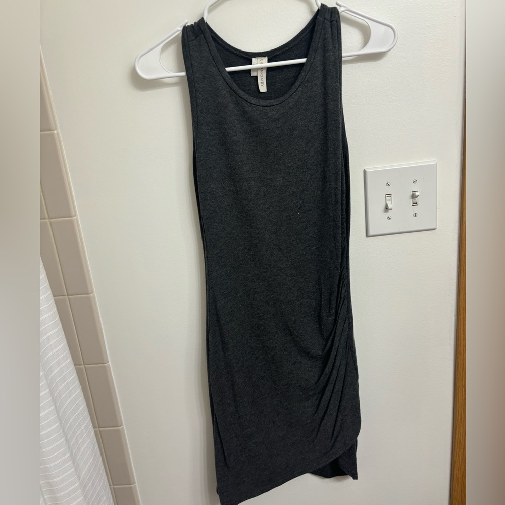 Charcoal body in dress, synched at the side with asymmetrical detail